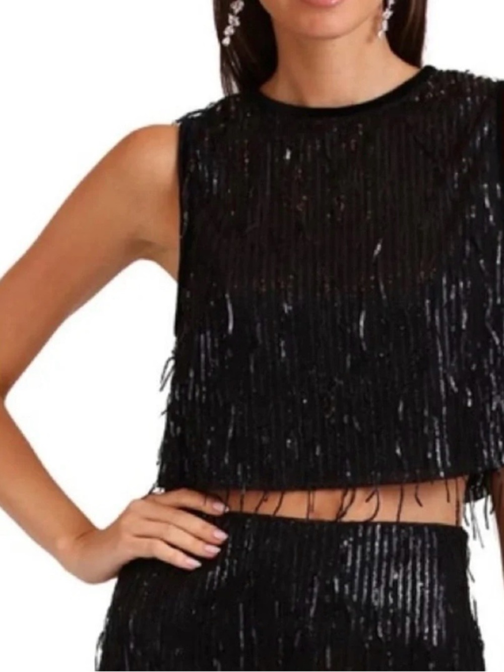 Avec Les Filles Black Sequin Fringe Crop Top